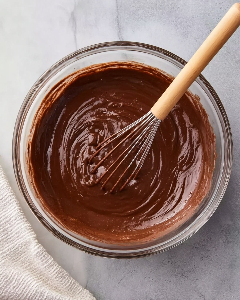 A clear glass bowl filled with smooth, thick chocolate batter, dark brown in color, with slight swirls showing the mixing process; a whisk with a light wooden handle rests inside the batter, partially covered in the chocolate mixture. The bowl sits on a white marbled surface, and a white cloth lies nearby. The scene focuses on the bowl and whisk from above, showing the glossy texture of the batter. photo taken with an iphone --ar 4:5 --v 7