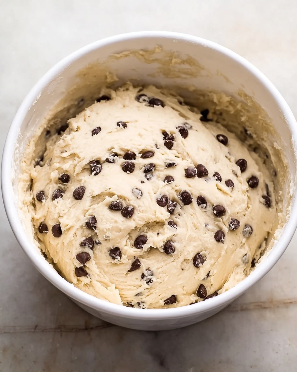 The image shows a large white bowl filled with light beige dough mixed with many small dark brown chocolate chips spread evenly throughout. The dough has a soft, slightly sticky texture with some smooth and some stretched areas. The bowl sits on a surface that has been changed to a white marbled texture. The photo has a close-up view from above focusing on the dough inside the bowl photo taken with an iphone --ar 4:5 --v 7