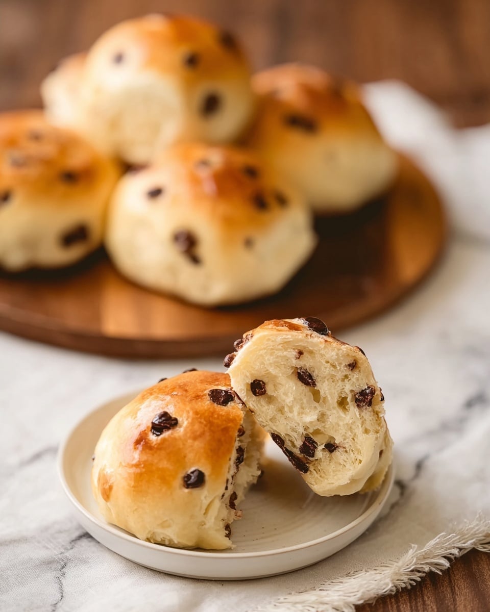 The image shows two round chocolate chip buns placed on a small white plate on a wooden surface. One bun is whole with a golden-brown top dotted with dark chocolate chips, while the other bun is broken open, revealing a soft, fluffy interior with chocolate chips spread inside. In the background, there are more similar buns arranged on a wooden board, blurred softly. The scene is light and cozy with a white marbled texture beneath the wooden surface. photo taken with an iphone --ar 4:5 --v 7