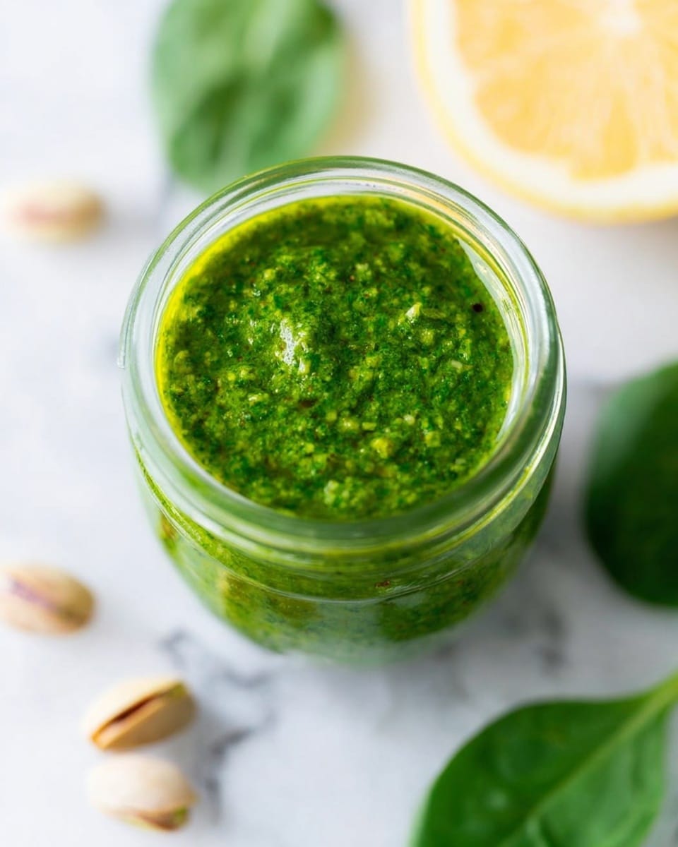 The image shows a close-up view of a clear glass jar filled with a bright green pesto sauce, which has a slightly chunky and textured surface. The jar is placed on a white marbled surface and is surrounded by a few whole pistachios and fresh spinach leaves. In the background, there is a blurred half slice of lemon adding a soft yellow color to the scene. Photo taken with an iphone --ar 4:5 --v 7