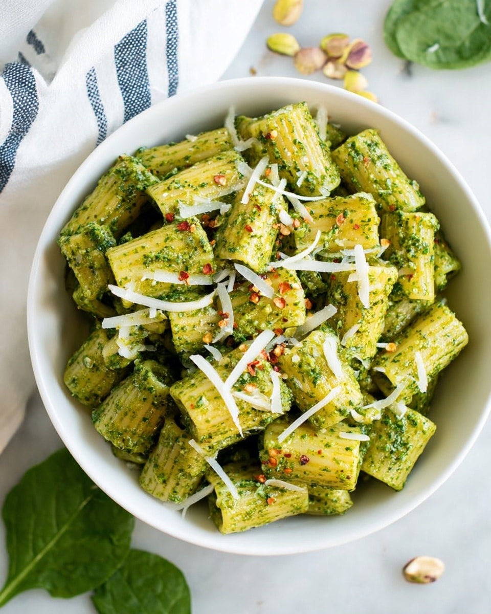 A white bowl filled with rigatoni pasta tossed in a green pesto sauce, giving the pasta a textured and slightly chunky look. The pasta pieces are all coated evenly and have some shredded white cheese sprinkled on top along with red pepper flakes. The bowl sits on a white marbled surface with a few pistachio nuts and green spinach leaves beside it, adding natural color. A white cloth with blue stripes is partially visible around the bowl. photo taken with an iphone --ar 4:5 --v 7
