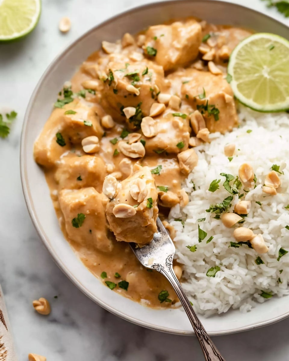 In the white bowl placed on a white marbled surface, a creamy peanut sauce covers light brown pieces of chicken, garnished with small green herbs and whole peanuts scattered on top. Next to the chicken is a mound of fluffy white rice, with a wedge of lime placed between the rice and chicken. A fork lifts a piece of chicken covered in peanut sauce and a small scoop of rice, both sprinkled with chopped green herbs. The overall colors are warm browns and creamy whites with fresh green accents. photo taken with an iphone --ar 4:5 --v 7
