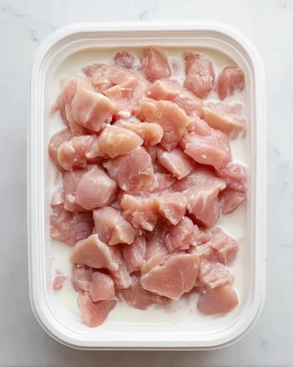 A close-up view of a white plastic container filled with small, uneven chunks of raw pink chicken soaked in a white liquid, likely milk or cream. The chicken pieces are spread evenly, covering most of the surface inside the container, showing slight variations in pink and beige tones. The container is placed against a white marbled background, emphasizing the creamy texture and freshness of the chicken. Photo taken with an iphone --ar 4:5 --v 7
