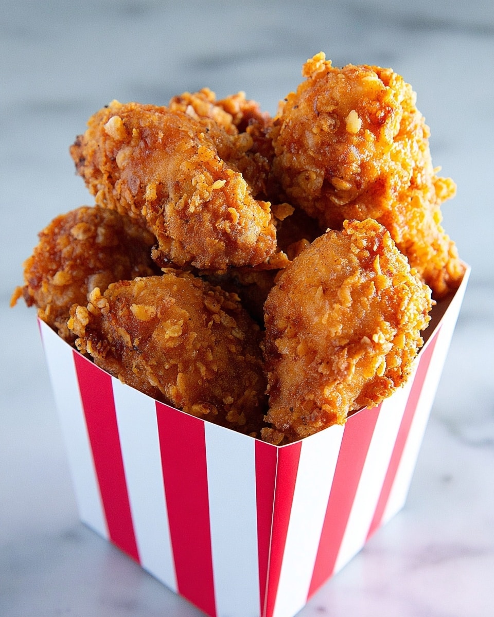 A tall white container with red vertical stripes holds about ten round, crispy pieces of fried chicken. The chicken pieces have a rough texture with golden brown crumb coating, showing small flakes and crunchy bits all over. The crispy fried chicken is piled high, slightly overflowing from the top edge of the striped container. The background surface is white marbled, giving a clean and bright setting, photo taken with an iphone --ar 4:5 --v 7