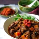 Moroccan Beef Stew with Spices, Root Vegetables, and Dried Fruit Recipe