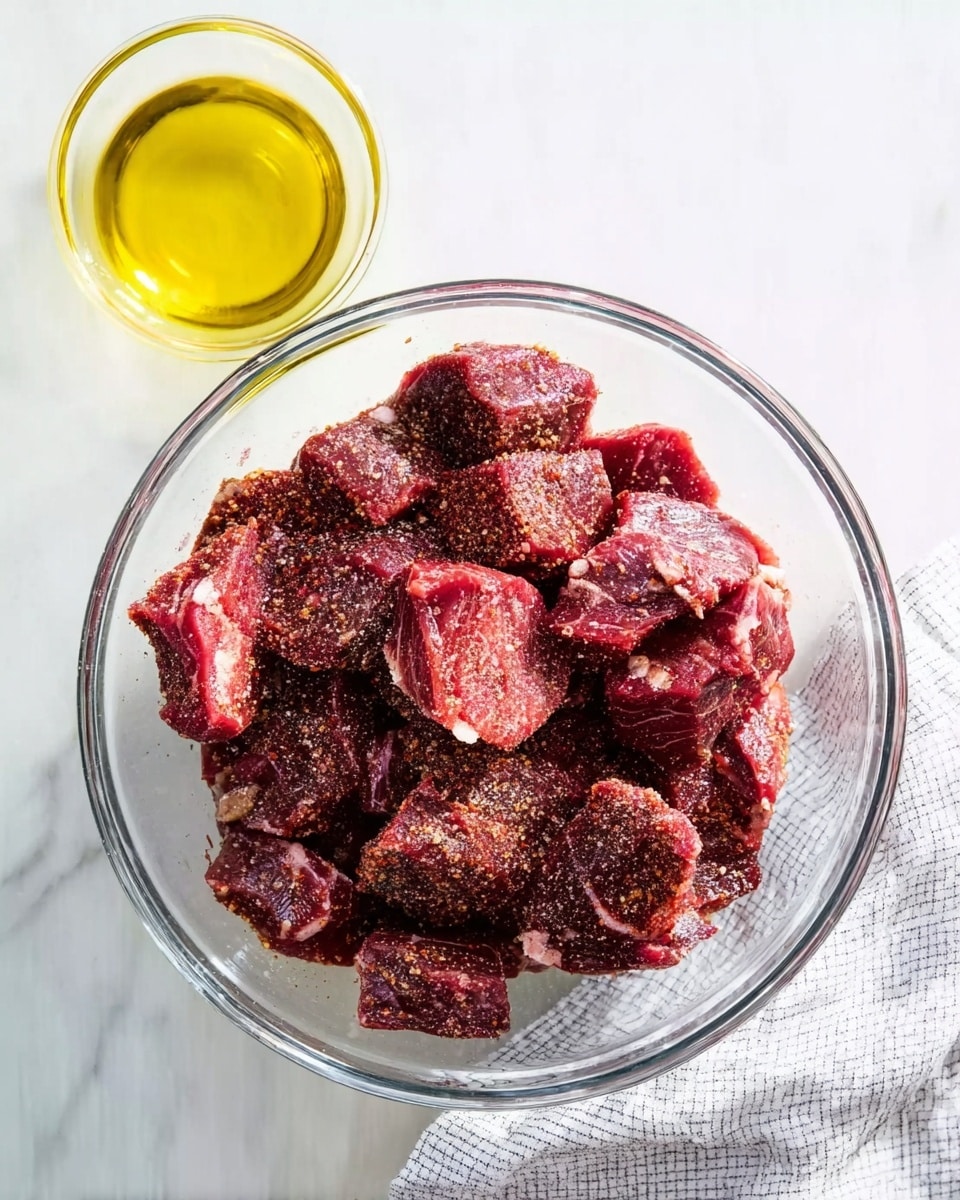 A clear glass bowl filled with thick, dark red chunks of raw meat, each piece coated in a layer of dry seasoning with bits of white fat visible on some. The bowl is placed on a white marbled surface with a small clear glass bowl of light yellow oil set above it. A light grey and white checkered cloth lies partially at the bottom right edge. The lighting is bright and natural, highlighting the rich colors and textures of the meat and oil photo taken with an iphone --ar 4:5 --v 7