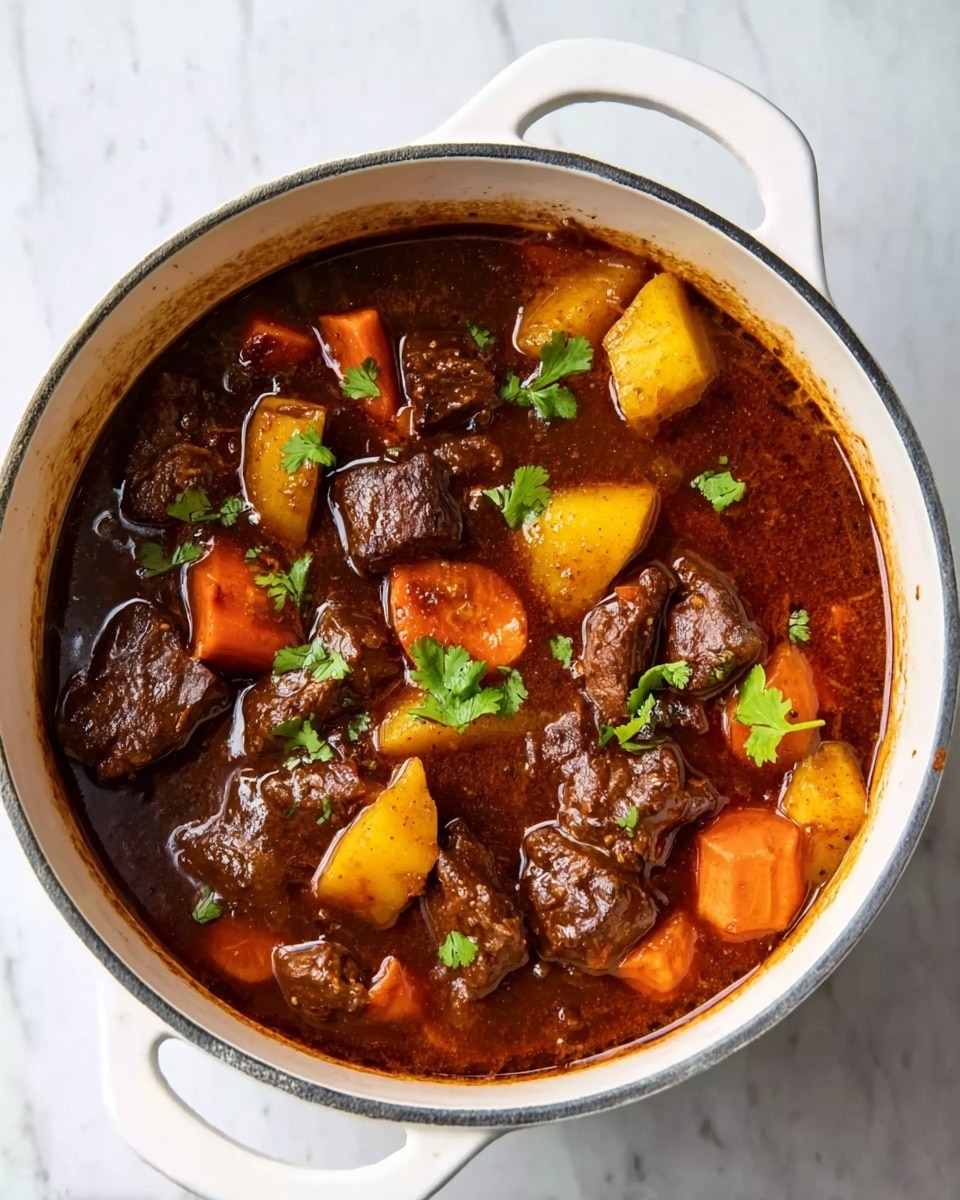 A white pot filled with a rich, dark brown stew containing large chunks of tender meat, bright orange carrot pieces, and yellow potato cubes, all floating in a thick, glossy sauce. Small green cilantro leaves are scattered on top, adding a fresh touch. The pot is set on a white marbled surface. photo taken with an iphone --ar 4:5 --v 7