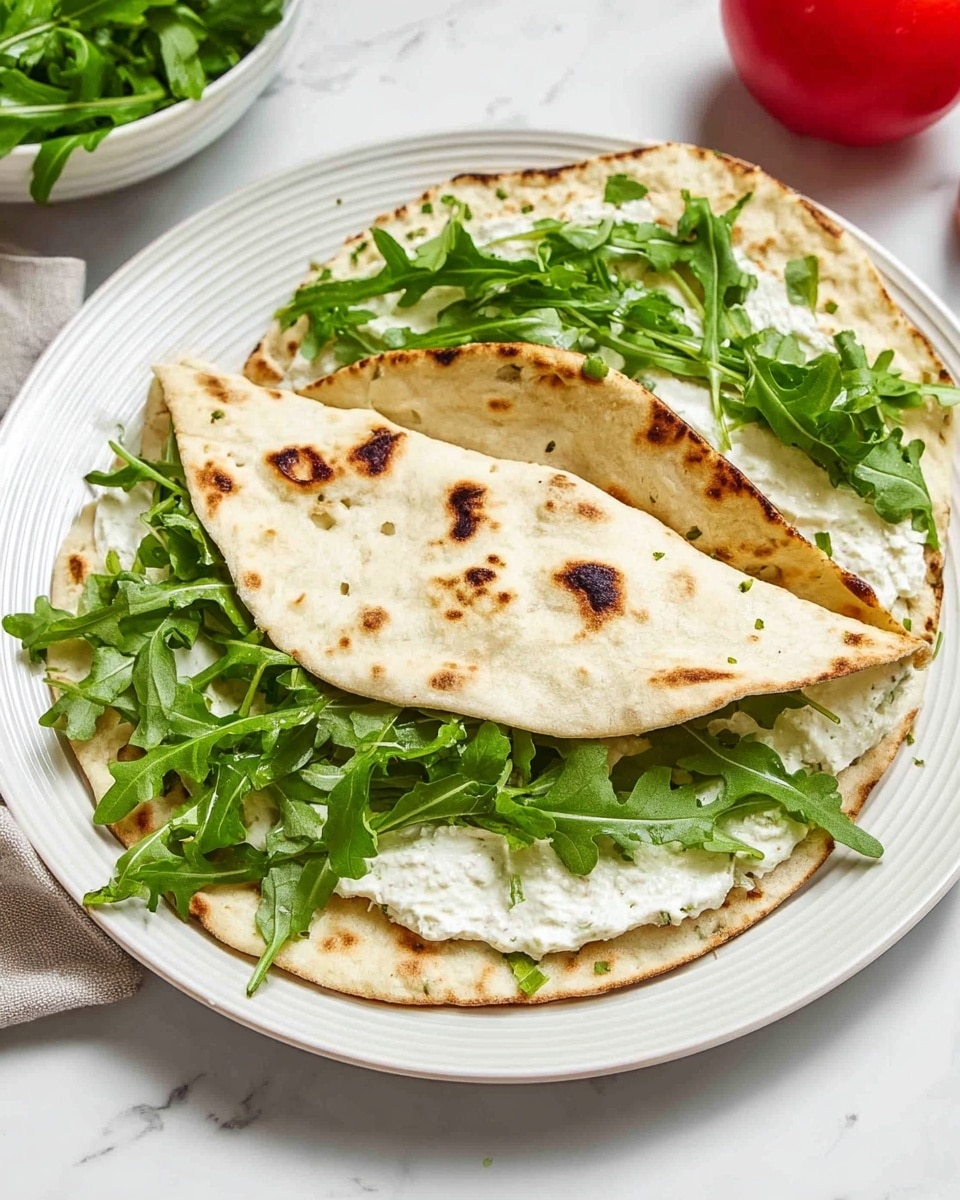 Two folded flatbreads with light brown and dark toasted spots form the base layer on a white plate with subtle ridges. Inside each flatbread, there is a thick, creamy white spread evenly spread out, topped with fresh, bright green arugula leaves that extend slightly beyond the edges. The flatbreads rest on a white marbled surface, with a whole red tomato and a bowl of additional arugula visible in the background. Photo taken with an iphone --ar 4:5 --v 7