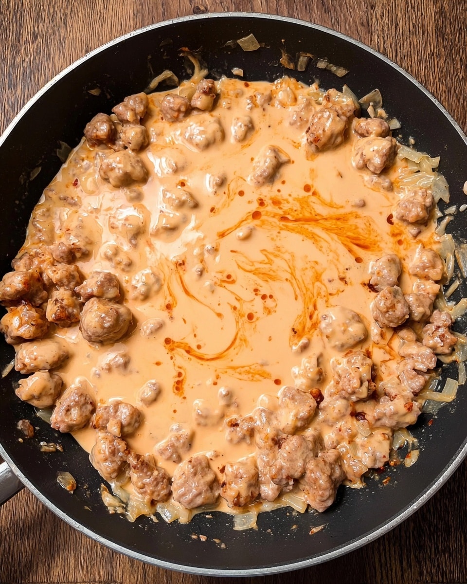 High Protein Cottage Cheese Pasta Sauce Recipe 5 In a black pan, there is a layer of small, light brown meat pieces cooked with bits of light beige onions around the edges. On top of the meat, a thick creamy sauce covers most of the pan, with a smooth texture and a light orange-pink color, dotted with small spots of deeper orange. The sauce appears soft and slightly swirled, coating the meat below but leaving some meat pieces visible around the pan’s edge. The pan is placed on a wooden surface. photo taken with an iphone --ar 4:5 --v 7