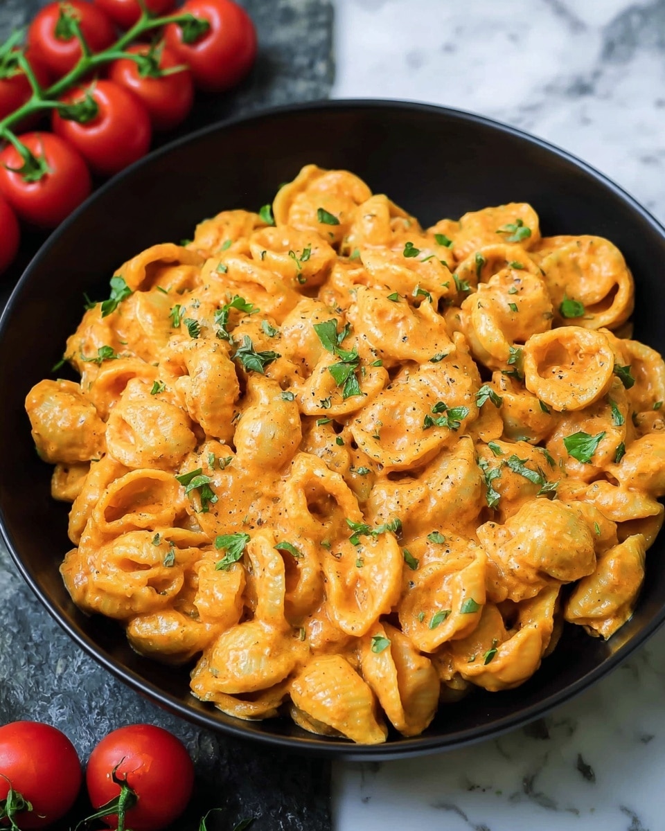 High Protein Cottage Cheese Pasta Sauce Recipe 6 A black bowl filled with round pasta shells covered in creamy orange sauce, scattered with small green herb leaves on top. The pasta looks soft and coated evenly, with many shells overlapping each other filling the bowl. In the background, there is a bunch of small red tomatoes connected by green stems, placed on a white marbled surface. photo taken with an iphone --ar 4:5 --v 7