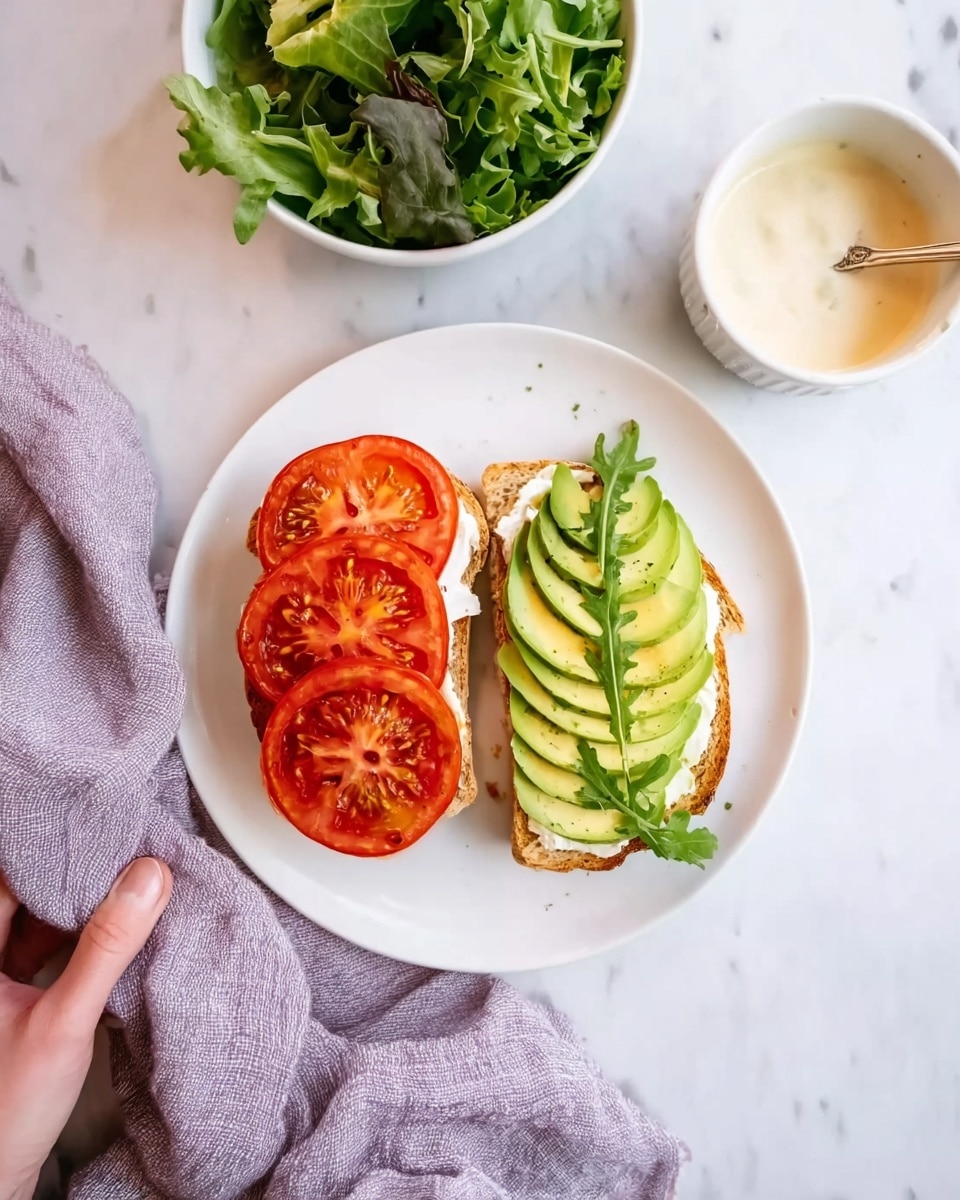 The image shows an open sandwich on a white plate with two halves. One half has three bright red tomato slices layered neatly on top of what looks like white cream or spread on a slice of toasted bread. The other half features a layer of fresh green lettuce topped with thinly sliced light green avocado, arranged in a neat row on another toasted slice of bread. The plate sits on a white marbled surface, next to a white bowl filled with green leafy salad and a smaller white bowl with creamy dressing and a spoon inside. A woman's hand is gently holding the edge of the plate, and a soft purple and white cloth is draped nearby. Photo taken with an iphone --ar 4:5 --v 7