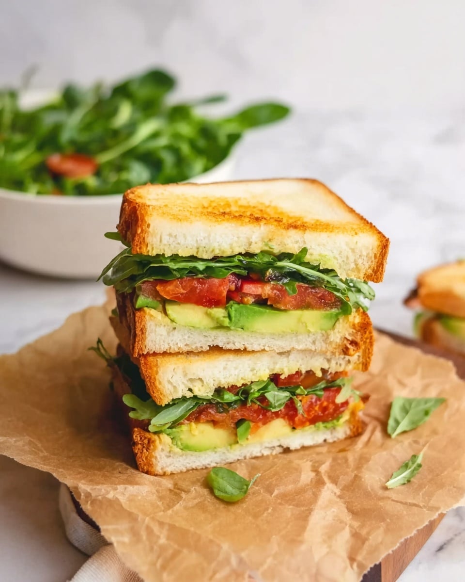 The image shows a sandwich cut into four stacked pieces on brown parchment paper over a wooden board. Each sandwich piece has three visible layers: at the bottom, a golden toasted white bread slice with a crispy texture, followed by fresh green lettuce leaves and avocado slices in the middle, and topped with bright red tomato slices and another toasted golden bread slice on top. Behind the sandwich, a white bowl filled with fresh greens and some green leaves are placed on a white marbled surface. A woman's hand is partially visible near the sandwich. Photo taken with an iphone --ar 4:5 --v 7