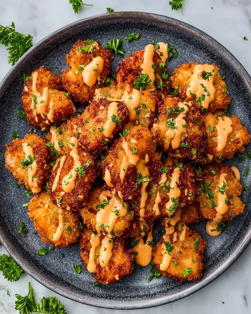 A round dark gray plate filled with many pieces of golden brown crispy fried nuggets stacked on top of each other. The nuggets have a crunchy texture with some darker brown edges. Light orange creamy sauce is drizzled over the nuggets in thin lines. Small sprigs of fresh green parsley are sprinkled evenly on top and around the plate. The plate sits on a white marbled surface with some parsley scattered nearby. photo taken with an iphone --ar 4:5 --v 7