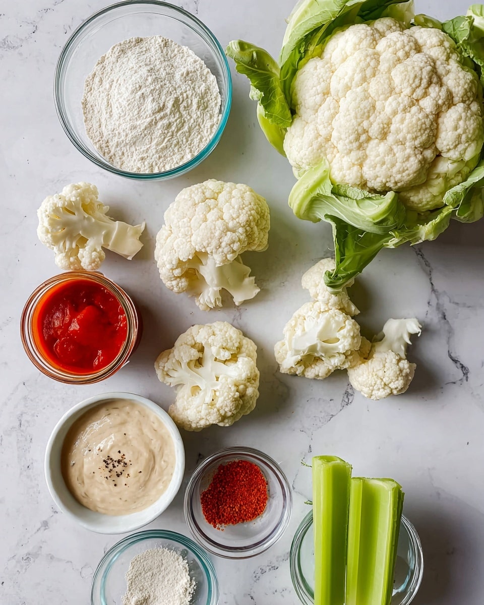 The image shows cooking ingredients arranged on a white marbled surface. On the right side, there is a whole head of cauliflower with green leaves attached. Around it are several cauliflower florets, off-white with a bumpy texture, placed scattered. On the left, there is a clear glass bowl filled with white flour at the top and another smaller clear bowl with white powder near the cauliflower florets. A glass jar with bright red sauce sits near the bowls. In the lower left corner, a small white bowl contains a beige creamy sauce with a smooth texture and black pepper specks. Nearby is a tiny clear bowl with bright red powder, likely paprika. On the bottom right, a small clear glass holds bright green celery sticks with leafy tops, standing upright. Photo taken with an iphone --ar 4:5 --v 7