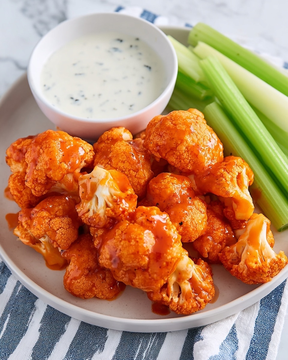 The image shows a white plate with a pile of bright orange cauliflower florets coated in a spicy sauce in the center. Behind the cauliflower is a small white bowl filled with thick, creamy white dipping sauce. On the right side of the plate, there are fresh green celery sticks placed vertically. The plate is set on a cloth with blue and white stripes, all against a white marbled background. photo taken with an iphone --ar 4:5 --v 7