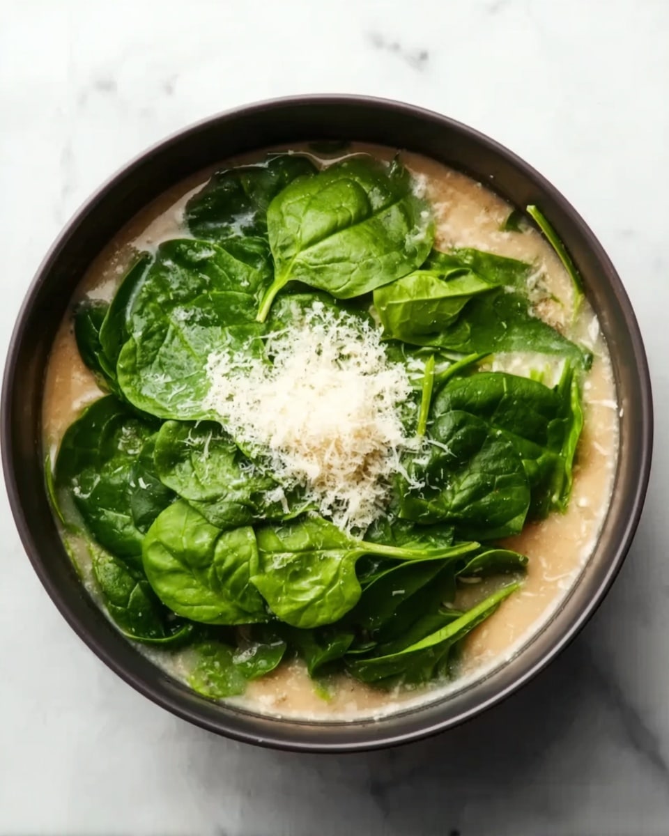 A dark bowl filled with a creamy beige soup at the bottom layer covers half the bowl, topped with a generous layer of bright green fresh spinach leaves mostly covering the light soup. In the center of the spinach sits a small pile of finely grated white cheese. The bowl is placed on a white marbled surface. Photo taken with an iphone --ar 4:5 --v 7