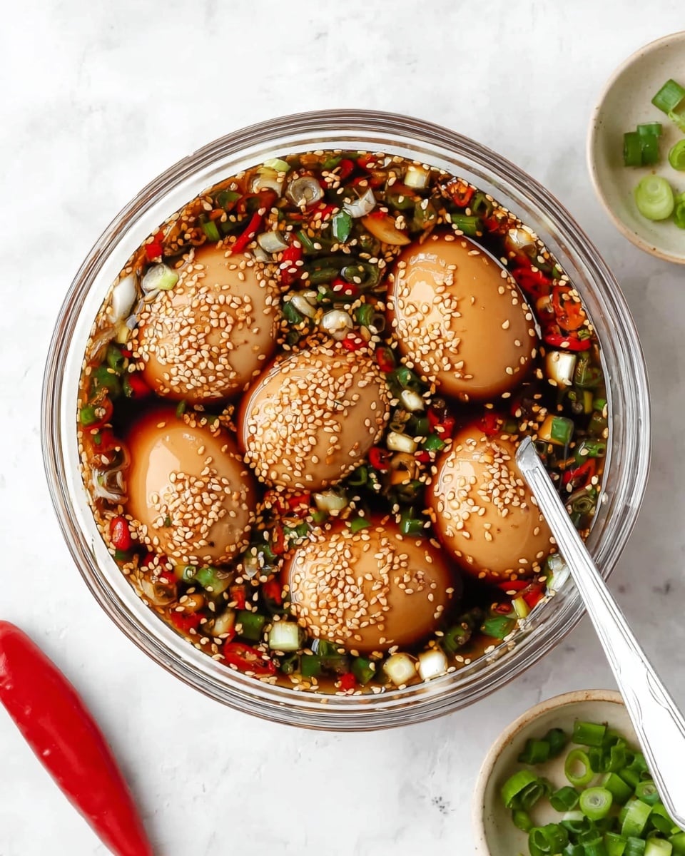 A clear glass bowl filled with six light brown eggs submerged in a dark soy sauce-based liquid mixed with small diced white onions, green scallions, and red chili pieces, all topped with a generous layer of light tan sesame seeds. A silver spoon is placed inside the bowl on the right, and around the bowl, there are small side dishes with chopped green onions and a whole red chili on a white marbled surface. The photo taken with an iphone --ar 4:5 --v 7