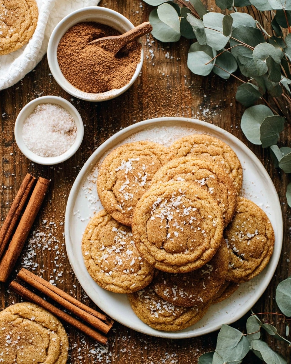 A large white plate holds two layers of round, golden-brown cookies with a slightly cracked texture on top, lightly sprinkled with white flakes. Around the plate, there are two cinnamon sticks placed on a white bowl filled with a mixture of cinnamon powder and sugar, and a small white bowl with cinnamon powder and a wooden spoon. Some loose cinnamon powder is scattered casually on a rustic wooden surface with a sprig of eucalyptus leaves nearby. The image has a cozy and warm feel. photo taken with an iphone --ar 4:5 --v 7