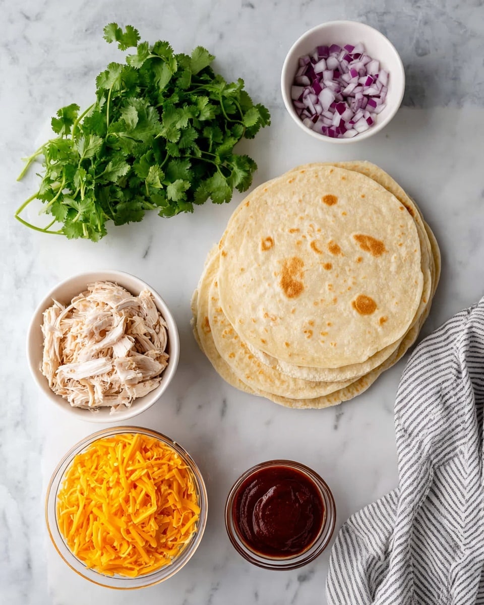The image shows a white marbled surface with four round, light beige tortillas stacked on the top right. Below the tortillas, on the left side, there is a bunch of fresh green cilantro with leafy and vibrant texture. To the right of the cilantro, a small white bowl contains chopped red onions, small square pieces with purple and white tones. Next to it, there is another small white bowl filled with dark red barbecue sauce. Below these, a clear glass container holds shredded light brown cooked chicken pieces. In the bottom left corner, a white bowl is full of bright orange shredded cheddar cheese. A striped cloth with gray and white lines is draped on the bottom right corner of the image. Photo taken with an iphone --ar 4:5 --v 7