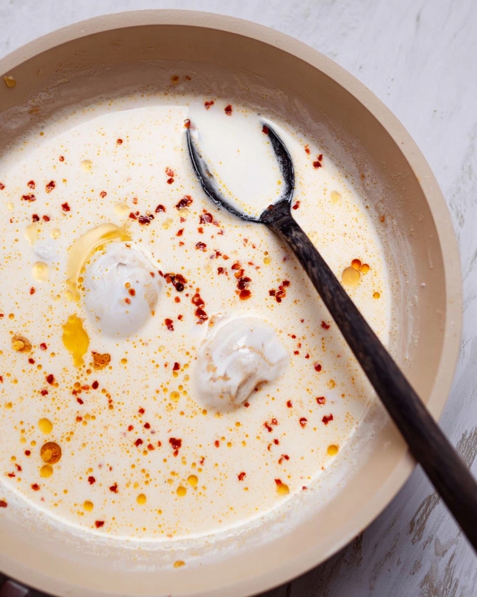 A close-up view of a white skillet filled with a creamy white sauce that has specks of red chili flakes and golden oil droplets scattered on the surface, giving it a slightly textured look. In the sauce, there are two dollops of thick white cream. A black spoon with a long handle rests inside the skillet, positioned vertically near the right side, partially submerged in the sauce. The skillet sits on a surface with a white marbled texture. photo taken with an iphone --ar 4:5 --v 7