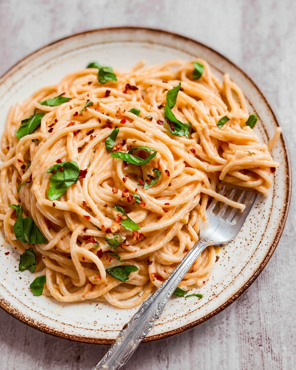 A plate of spaghetti with a creamy light orange sauce evenly coating the noodles, sprinkled with small pieces of bright green fresh basil leaves and scattered tiny red chili flakes, creating subtle pops of color. The plate is white with brown speckles around the edges, and a silver fork with a shiny texture rests on the right side on the plate, holding some noodles. The background is a white marbled texture. photo taken with an iphone --ar 4:5 --v 7