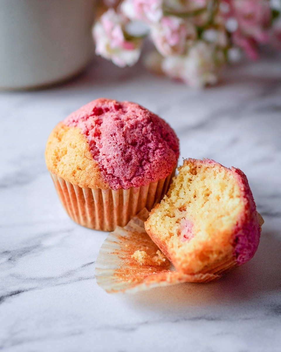 The image shows a single muffin with two visible layers: the top half is pink with a slightly rough texture, and the bottom half is light golden brown and crumbly. The muffin is partially separated from its light brown paper liner, with the top part still inside while the bottom part is broken off and placed in front. The muffin sits on a white marbled surface, and in the background, there is a blurred pot with soft pink flowers. The lighting is bright and natural, highlighting the muffin's soft texture and colors. photo taken with an iphone --ar 4:5 --v 7