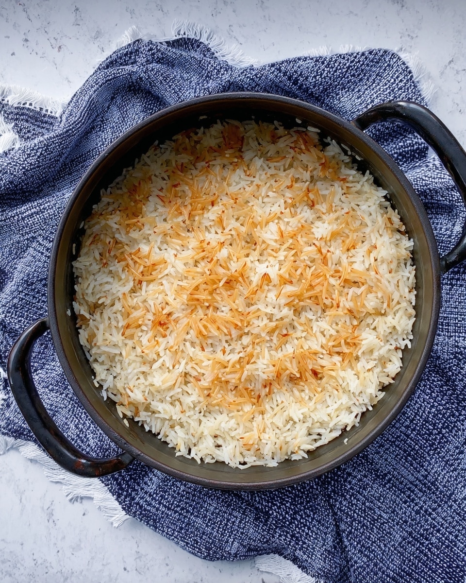 A black cast iron pot filled with cooked rice mixed with toasted thin pasta strands, showing a mix of white and light golden colors. The pot has two handles and sits on a blue and white checkered cloth, all placed on a white marbled surface. The top layer of the rice and pasta mixture looks fluffy and evenly spread inside the pot photo taken with an iphone --ar 4:5 --v 7