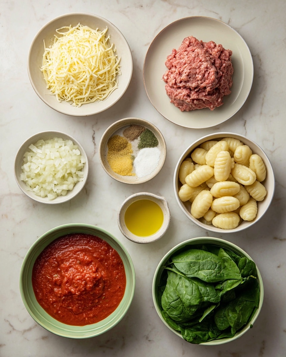 The image shows seven bowls and plates arranged on a white marbled surface. Starting from the top left, there is a bowl with shredded pale yellow cheese. Below it, a white plate holds a mound of raw ground meat, pinkish in color. Centered above, a small light beige bowl contains different dry spices in four distinct piles of yellow, green, and white shades. To the top right, a white bowl is filled with pale yellow gnocchi, each piece ridged and plump. Below the spices, a small cup holds a little bit of olive oil, golden in color. Further down, a white bowl contains bright red tomato sauce with a smooth texture. To the center right, a green bowl contains finely chopped white onions, and on the bottom right, a white bowl is filled with fresh, dark green spinach leaves. Photo taken with an iphone --ar 4:5 --v 7