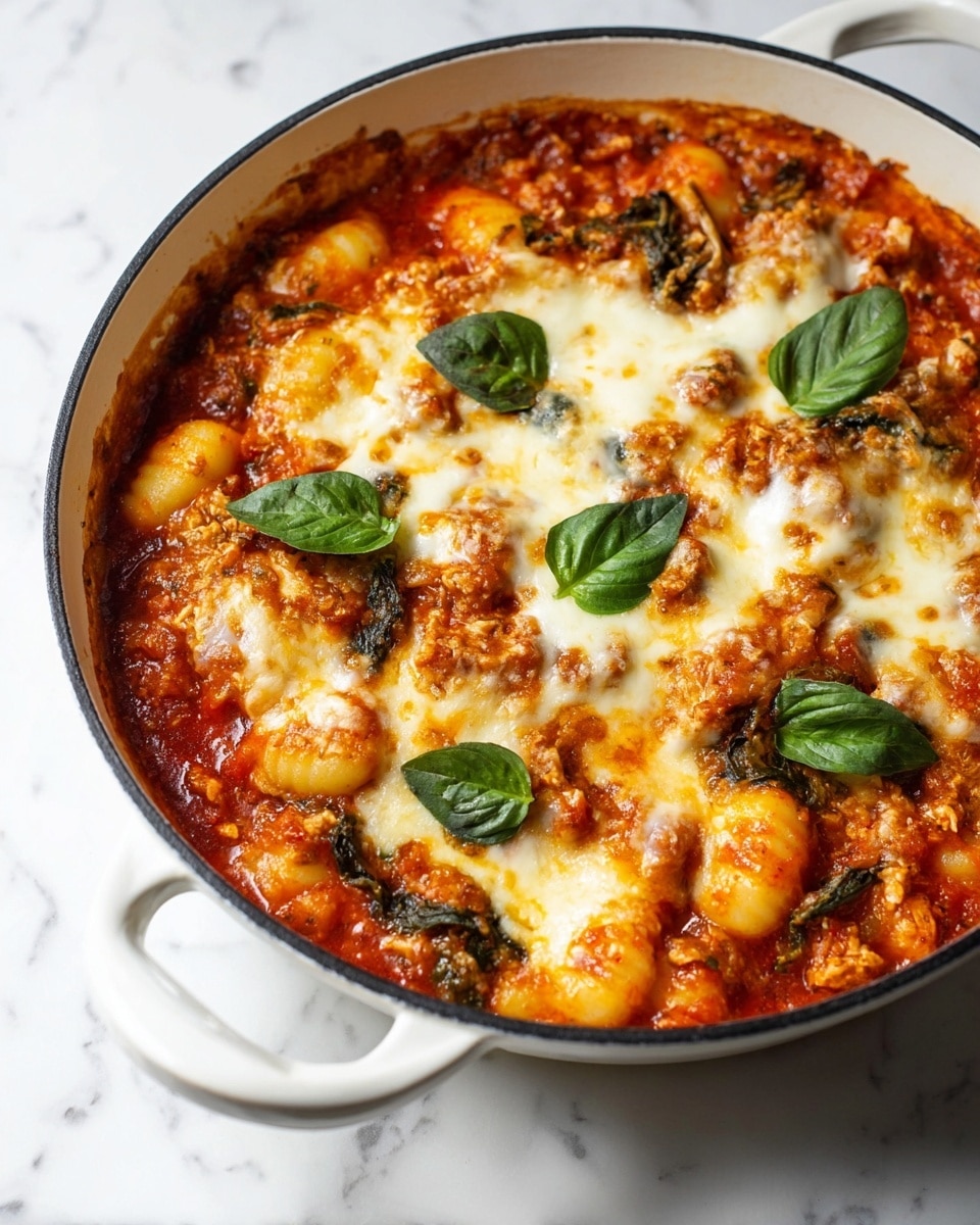 The dish is a baked pasta in a white pan with a black rim and two handles, sitting on a white marbled surface. The bottom layer is a thick red tomato sauce mixed with small pieces of cooked meat and wilted dark green spinach leaves. Above this, there are plump, smooth gnocchi partly covered with melted white and light-yellow cheese that is bubbly and slightly browned. On top of the cheese, fresh dark green basil leaves are spread evenly, adding a fresh contrast. The edges of the pan show small splashes of sauce, adding to the rustic look. Photo taken with an iphone --ar 4:5 --v 7