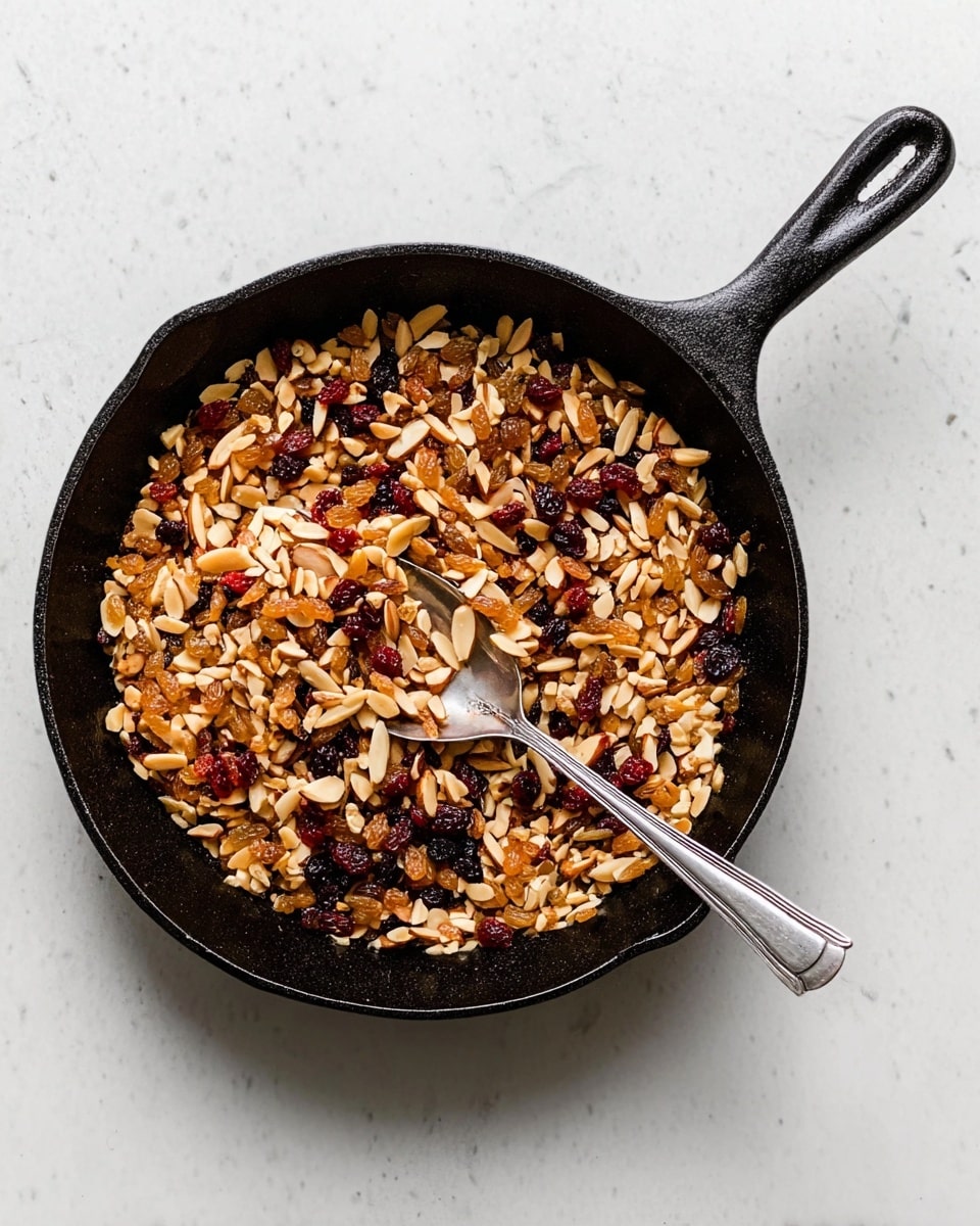 A black cast iron pan sits on a white marbled surface, filled with a mix of golden raisins, slivered almonds, and small pieces of dried red berries. The mixture is spread evenly across the pan, with some pieces gathered on a silver spoon resting inside the pan. The colors include light golden, tan, and deep red, with the textures showing the smoothness of the almonds and the wrinkled surfaces of the dried fruits. photo taken with an iphone --ar 4:5 --v 7