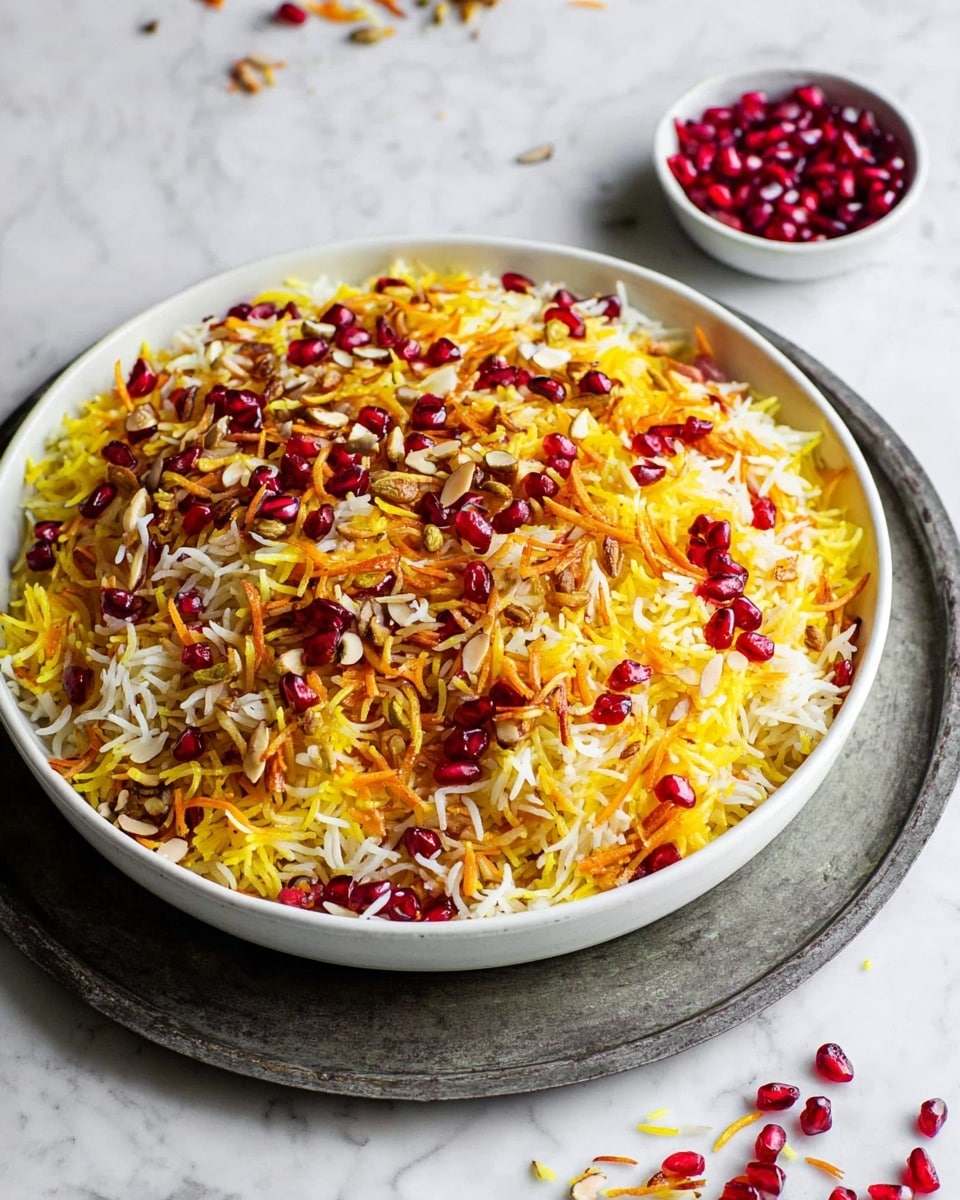 The dish is a colorful mix of long rice grains with bright yellow and white colors, spread evenly on a white round plate. The rice is topped with thin orange carrot strips, red pomegranate seeds, pale brown toasted slivers, and light brown raisins scattered across the surface, creating a vibrant and textured look. The plate rests on a larger, rustic dark round tray, placed on a white marbled surface. Nearby, a small white bowl holds additional shiny red pomegranate seeds, some scattered around it. The photo taken with an iphone --ar 4:5 --v 7