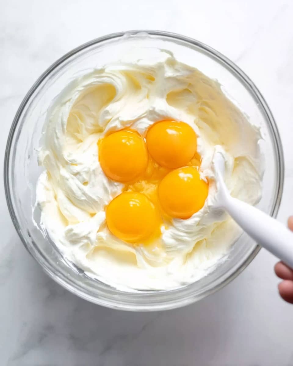 A clear glass bowl with a white spoon inside holds a thick white creamy mixture, topped by four bright yellow egg yolks grouped near the center. The bowl is placed on a white marbled surface, and a woman's hand is holding the bowl's edge gently from the top left corner. The overall look shows a fresh mix ready to be stirred, with smooth, soft textures in the cream and shiny egg yolks. photo taken with an iphone --ar 4:5 --v 7