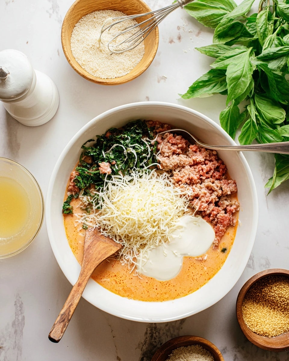 A white bowl holds several layered ingredients ready to be mixed: a pinkish ground meat base, a pool of orange-colored liquid on one side, shredded dark green leafy herbs scattered on top, a heap of fine pale yellow grated cheese near the center, and two dollops of thick white cheese on the right side. A wooden spoon lies inside the bowl, resting on the white cheese, while a metal mixing spoon is also placed in the bowl toward the top right. The bowl sits on a white marbled surface surrounded by a bunch of fresh green basil leaves, a small wooden dish with coarse salt, a white pepper mill, a glass bowl with a whisk and a light yellow sauce, and two small brown bowls containing breadcrumbs and grated cheese. photo taken with an iphone --ar 4:5 --v 7
