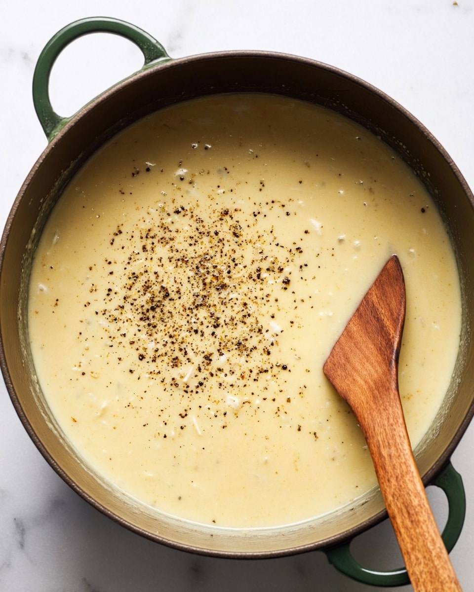 A close-up top view of a large round pot filled with creamy light yellow soup mixed with small bits, sprinkled with freshly ground black pepper mostly in the center. A wooden spoon with a smooth handle is partially submerged on the right side. The pot is dark with a green handle on the left, sitting on a white marbled surface. photo taken with an iphone --ar 4:5 --v 7