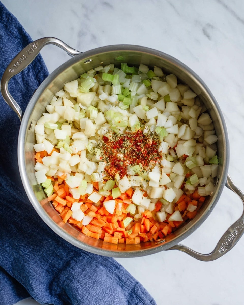 Inside a silver pot with two side handles, there is a mix of diced and sliced vegetables. The bottom layer shows thin orange carrot strips spread evenly. Above this, there are chopped light green celery pieces and white small onion chunks scattered. On top, there are many small white potato cubes, with some sprinkled herbs and red spices in the center, giving a touch of color contrast. The pot is placed on a white marbled surface, and there is a dark blue cloth near the bottom left corner. photo taken with an iphone --ar 4:5 --v 7
