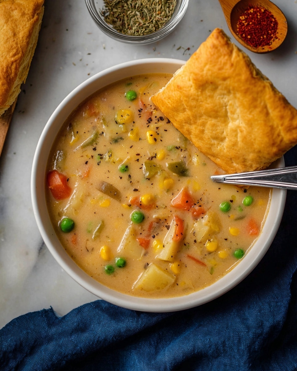 A white bowl filled with thick, creamy vegetable soup showing visible pieces of green peas, yellow corn, orange carrot strips, and light beige potato chunks in a smooth beige broth. One large, square golden-brown biscuit is partially resting on the edge of the bowl, covering part of the soup. A silver spoon is placed inside the bowl, angled slightly with its handle resting on the bowl’s edge. The white marbled surface below has a small wooden spoon with red powder spice and a clear glass bowl with dried herbs visible near the top. A dark blue cloth is at the lower right corner, adding a soft contrast. Photo taken with an iphone --ar 4:5 --v 7