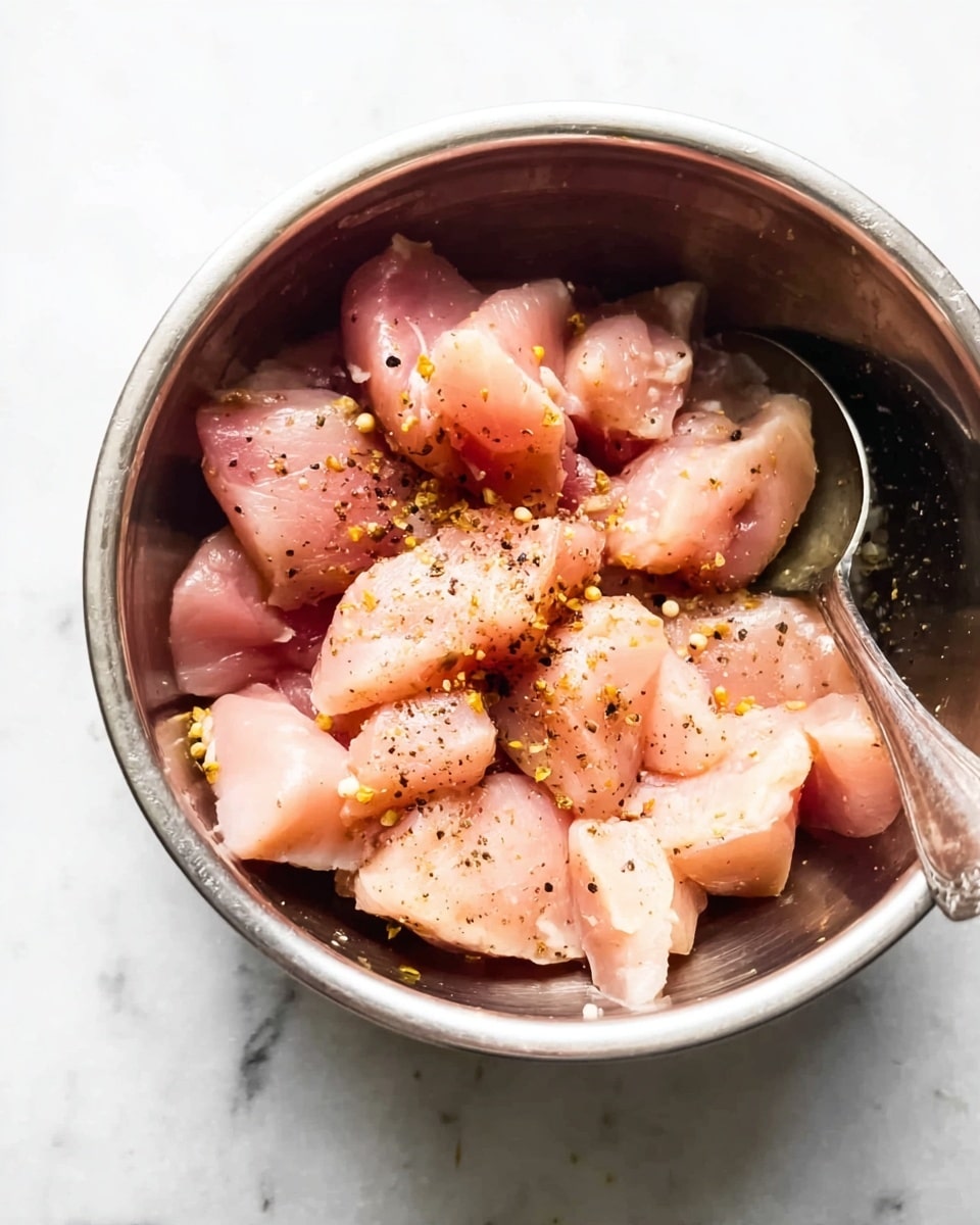 A metal bowl holds several pieces of raw, light pink chicken meat seasoned with black pepper and small yellow spices scattered on top. A silver spoon rests inside the bowl on the right side, slightly touching the chicken chunks. The bowl is placed on a white marbled surface. The photo is bright and clear, showing the moist texture of the chicken pieces. photo taken with an iphone --ar 4:5 --v 7