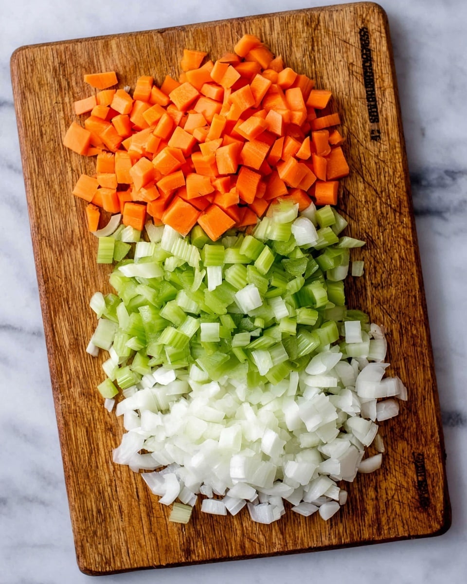 A wooden cutting board holds three layers of chopped vegetables arranged from top to bottom: the top layer is bright orange carrot pieces, the middle layer is light green chopped celery, and the bottom layer is white chopped onion. The cutting board is placed on a white marbled surface, and no utensils or hands are visible in the image, photo taken with an iphone --ar 4:5 --v 7