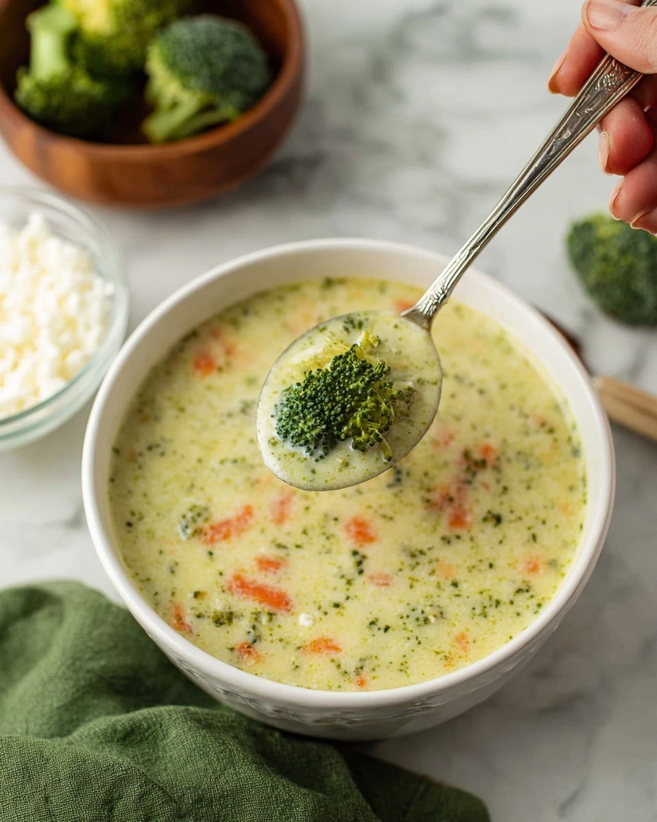 A white bowl filled with creamy broccoli soup that has small green broccoli pieces and orange carrot slices mixed evenly. A spoon holds a bit of the soup with a broccoli floret on top, positioned over the bowl. The bowl is on a white marbled surface, with a green cloth napkin nearby and a small glass bowl of white cottage cheese below. In the background, a woman’s hand holds the spoon, and some broccoli florets rest beside a wooden bowl. Photo taken with an iphone --ar 4:5 --v 7