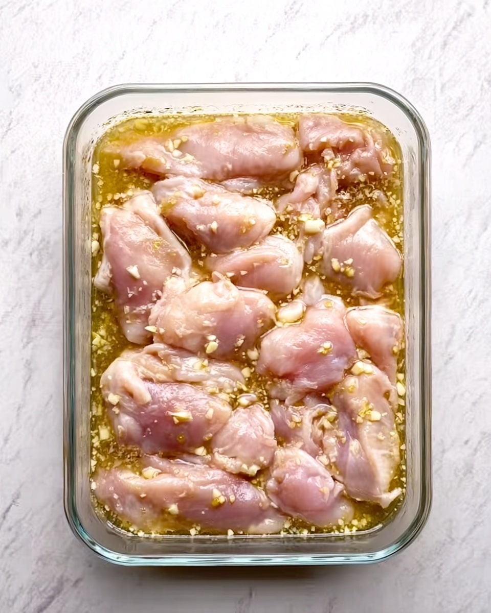 A clear rectangular glass dish filled with raw pale pink chicken pieces submerged in a liquid marinade with visible small bits of minced garlic scattered throughout. The dish is placed on a white marbled surface, and the chicken pieces are arranged to cover the entire bottom layer, partially overlapping. The marinade has a slightly oily texture with a light yellowish tint, creating a shiny surface on the chicken. photo taken with an iphone --ar 4:5 --v 7