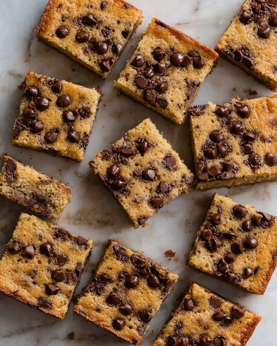 A batch of square chocolate chip bars arranged in a loose grid on a white marbled surface. Each bar has one layer of light golden brown cake with a soft texture, topped evenly with small, dark brown melted chocolate chips scattered on the surface. The edges of the bars are slightly darker, showing a baked crust. The chocolate chips create a textured, uneven look on top, with some partially melted and shiny. Photo taken with an iphone --ar 4:5 --v 7