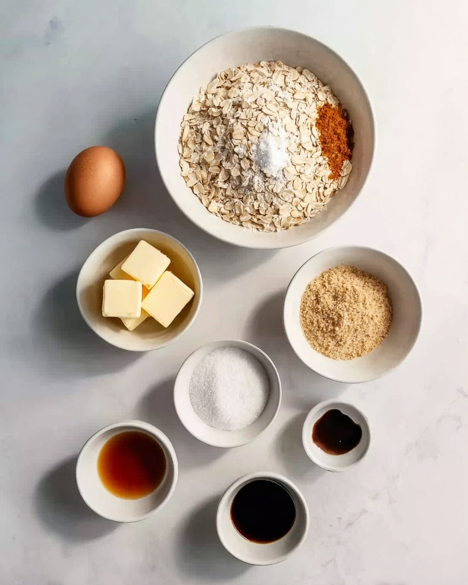The image shows six white bowls arranged on a white marbled surface. The largest bowl at the top contains dry ingredients with light beige oats covering most of the bowl, a white powdery ingredient on the left side, and a small pile of orange-brown spice near the top left edge. Below and to the left, a small bowl holds three pieces of pale yellow butter in liquid form. To the right of the butter, a medium bowl is filled half with light brown sugar and half with white sugar. Below the oats bowl and to the left, a small bowl has a single brown egg. Next to the egg, two small round bowls contain dark liquid, likely vanilla extract on the left and a thick black syrup on the right. The surface and bowls are clean with a bright, natural light setting. Photo taken with an iphone --ar 4:5 --v 7