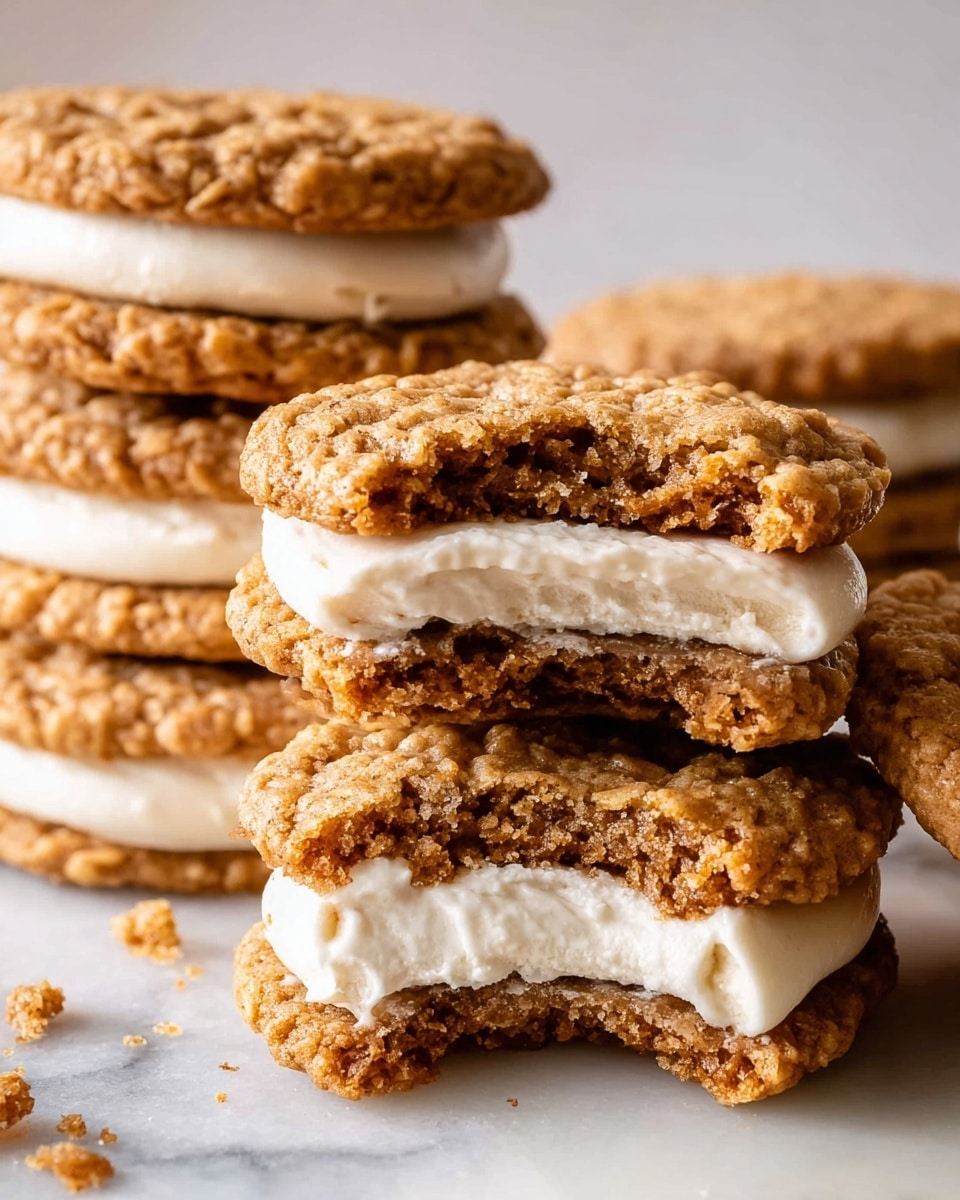 The image shows several oatmeal cream sandwich cookies stacked on a white marbled surface. Each sandwich has two textured brown oatmeal cookie layers with a thick, smooth, white cream filling in the middle. One sandwich in front has a bite taken out, revealing the soft, creamy layer between the two rough-textured cookie layers. The cookies are crumbly and slightly uneven, with a golden brown color. photo taken with an iphone --ar 4:5 --v 7