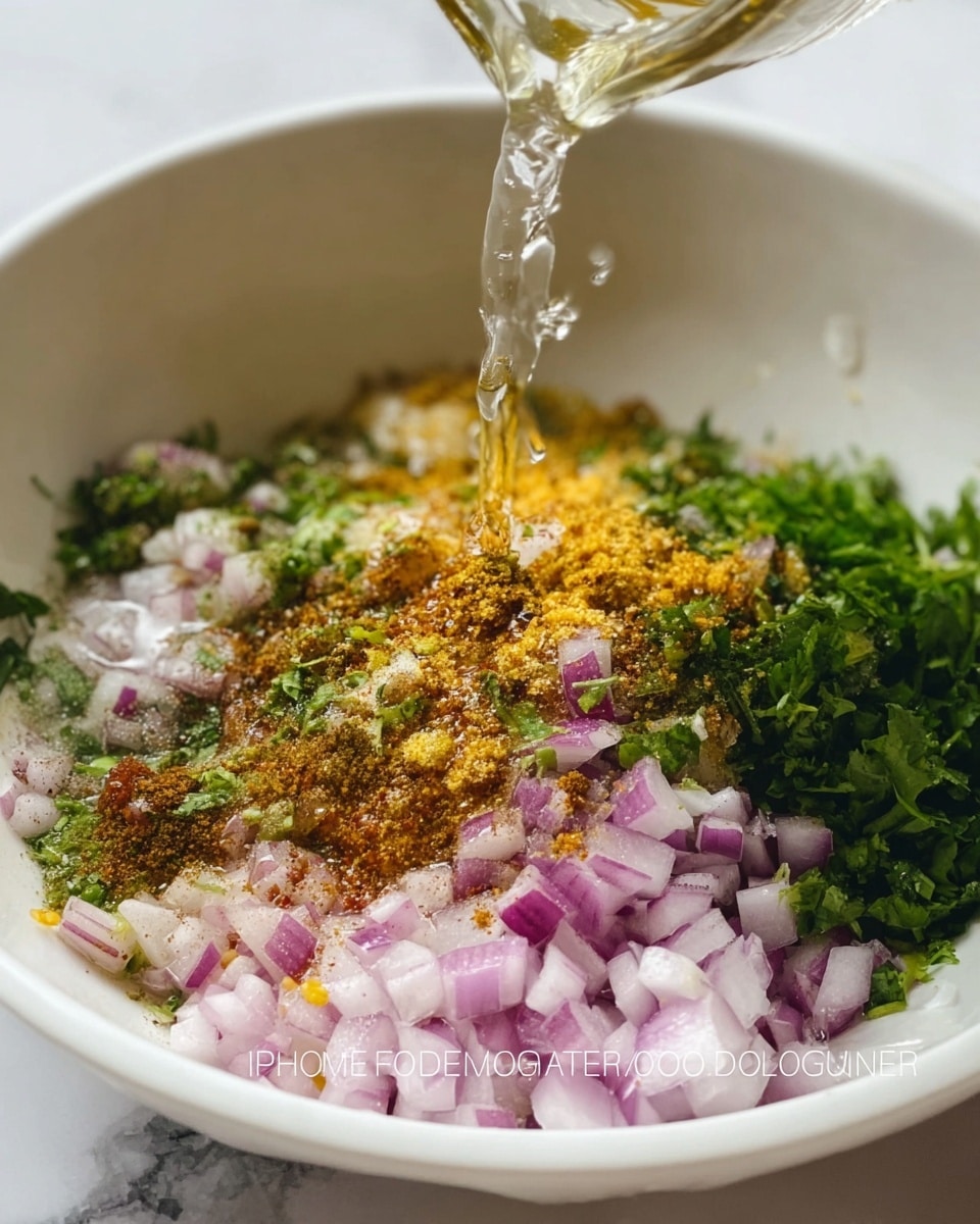 A close-up view of a white bowl containing freshly chopped purple onions in the bottom right, finely chopped green herbs spread across the back, and a mix of golden-yellow and brown spices sprinkled on top. A clear liquid is being poured from above, creating small bubbles as it touches the spices. The bowl sits on a white marbled surface with a blurred background. photo taken with an iphone --ar 4:5 --v 7