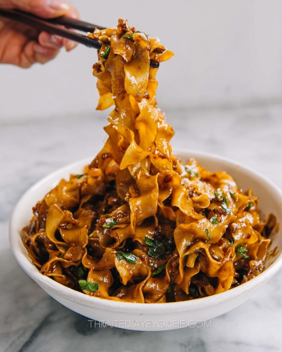 A close-up of wide, ruffled noodles with a glossy, rich brown sauce coating each strip, mixed with small green herb pieces, held mid-air by chopsticks grasped by a woman's hand. The noodles are thick and curly with a slightly wavy texture, showing a smooth and shiny surface. They come from a white bowl filled with the same sauced noodles and herbs piled inside. The background and surface under the bowl show a white marbled texture. photo taken with an iphone --ar 4:5 --v 7