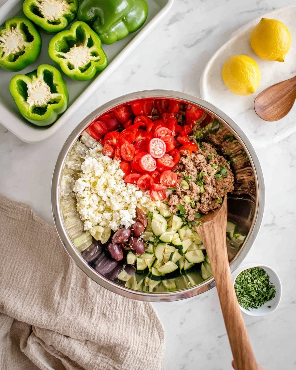 A shiny metal bowl filled with a colorful mix of ingredients divided into sections: bright red chopped cherry tomatoes at the top center, creamy white crumbled cheese scattered around, brown cooked ground meat in the lower right, dark purple sliced olives on the lower left, and small green chopped zucchini mixed throughout. A wooden spoon rests inside the bowl. To the upper left, a white tray holds six hollowed green bell pepper halves. Two halves of a yellow lemon sit on the top right on a white marbled surface. A small white bowl with green herbs and a wooden spoon is placed near the bottom right. Soft beige cloth napkins are folded at the bottom left of the image. Photo taken with an iphone --ar 4:5 --v 7