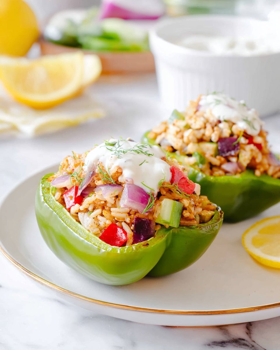 Two green bell pepper halves sit on a white plate with thin gold rims, each filled with a colorful mix of small rice grains, red tomato pieces, small purple onion chunks, small green cucumber bits, and chopped tofu or nuts. The filling is topped with a dollop of white creamy sauce lightly speckled with herbs. The plate rests on a white marbled surface, with blurred lemon wedges and a white bowl in the background, contributing a fresh and clean look. Photo taken with an iphone --ar 4:5 --v 7