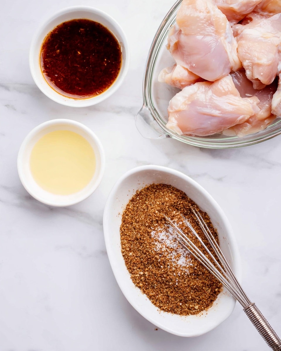 The image shows four main items arranged on a white marbled surface. In the top right corner, there is a glass dish filled with raw pale pink chicken pieces. To the bottom right, there is an oval white dish filled with a coarse brown spice mix, sprinkled with some salt, and a small silver whisk resting on top. In the top left corner, there is a round white bowl filled with a dark reddish sauce. Just below it, another round white bowl contains a pale yellow liquid. The items are neatly spaced out, highlighting the preparation ingredients. Photo taken with an iphone --ar 4:5 --v 7