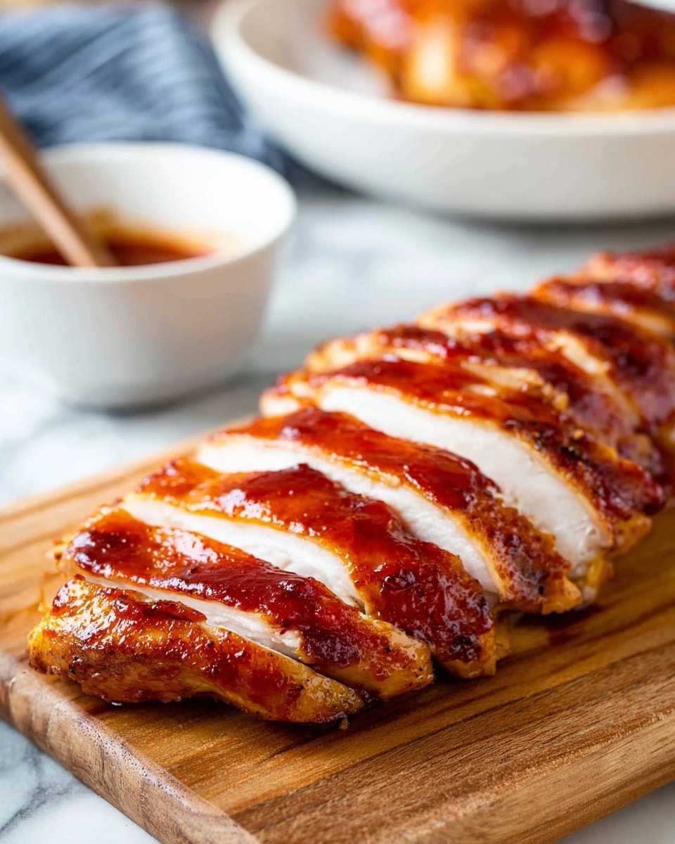 A sliced piece of cooked chicken laid on a wooden board shows about 12 slices with a shiny reddish brown glaze on the skin and white inside the meat. The chicken pieces are arranged in a row, slightly overlapping each other, showing the soft texture and moist inside. In the background, a white bowl with another piece of chicken and a small bowl with reddish sauce and a spoon are seen blurred. The whole scene sits on a white marbled surface. Photo taken with an iphone --ar 4:5 --v 7