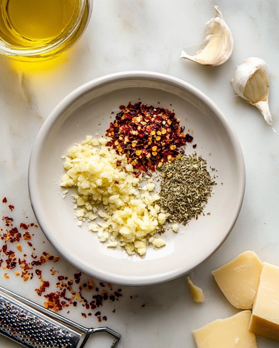A white bowl on a white marbled surface holds three piles of ingredients: finely chopped pale yellow garlic in the center, dark red chili flakes with some orange bits on the top left side, and green dried herbs on the right side. Around the bowl, there is a glass container of golden olive oil at the top left, light beige garlic cloves on the right, and two pieces of light yellow grated cheese near a metal grater on the bottom left. Some chili flakes are scattered near the bowl. The photo taken with an iphone --ar 4:5 --v 7